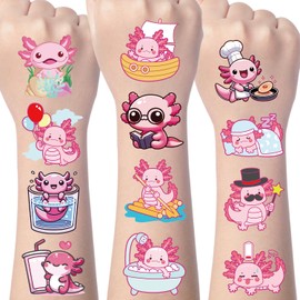 Gameza Pink Axolotl Temporary Tattoos, 200+ Pink Axolotl Birthday Decorations Party Favors Supplies Decor, Funny Animals Themed Tattoo Stickers Gifts for Kids Adults Rewards Prizes
