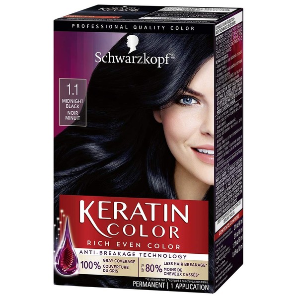 Schwarzkopf Keratin Color Permanent Hair Color Cream, 1.1 Midnight Black (Packaging May Vary), Pack of 1
