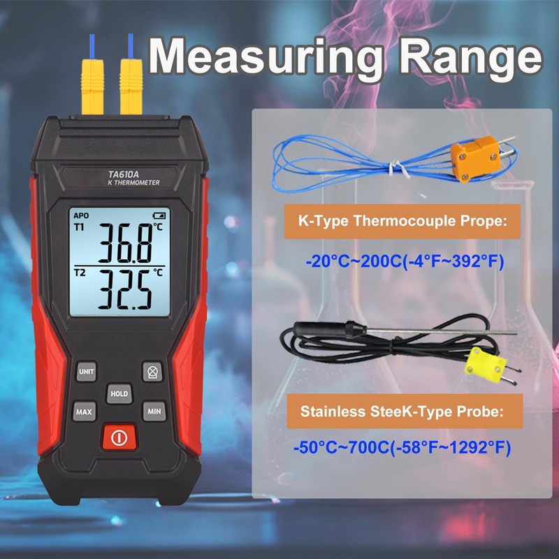 AOOFCMLLC Thermocouple Thermometer, Digital Dual Channels Thermocouple with 4 K-Type