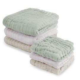 Keratta Ible Bathing Gauze Bath Cloth Towel, Handkerchief, Baby Fluffy, 6-ply Gauze, Dull Color, Set of 6 (Green, Beige, White)