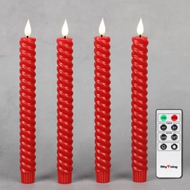Rhytsing 10" Red Flameless Twist Taper Candles with Timer, Battery Operated Spiral Taper Candles, Warm White Light, Remote & 8 Batteries Included - Set of 4