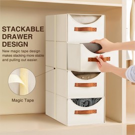 Homsorout Stackable Storage Drawers - Collapsible Storage Bins with Drawers, 4 Pack Closet Shelf Organizer Basket, Fabric Pull Out Organizer for Bedroom, Living Room, Dorm, Beige