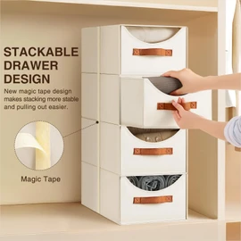 Homsorout Stackable Storage Drawers - Collapsible Storage Bins with Drawers, 4 Pack Closet Shelf Organizer Basket, Fabric Pull Out Organizer for Bedroom, Living Room, Dorm, Beige
