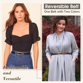 SUOSDEY Fashion Leather Belt for Women, Reversible Skinny Belt for Jeans Pants Dress with Square Gold Buckle black/coffee