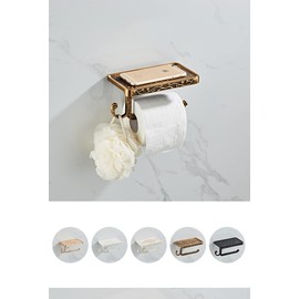 Vintage Paper Towel Holder with Cellphone Shelf for Bathroom, Wall Mount Anti-Rust Aluminum Paper Towel Rack (Gold)
