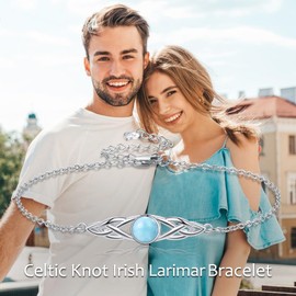 POPLYKE 925 Sterling Silver Celtic Bracelets Women's Irish Moonstone Larimar Moss Agate Bracelet Knot Viking Gemstone Moonstone Jewellery, Silver Sterling Silver, Larimar
