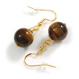 Natural Tiger Eye Stone Single Bead Drop Earrings with 925 Sterling Silver Closure - 35mm Total Drop