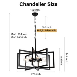 DWLGIGH Modern Chandelier, 27.5'' Large Black Chandelier Light Fixture Industrial Max 60'' Hanging Adjustable Farmhouse Chandeliers for Dining Room Entryway Living Room Kitchen (8-Light, E26)