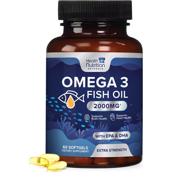 Omega 3 Fish Oil - Triple Strength EPA & DHA Fatty Acids - Natural Support for Brain & Heart Health, Fish Oil Joint Support Supplement - Non-GMO, Burpless Lemon Flavor Health Nutrition - 60 Softgels
