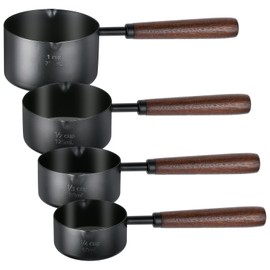 Milkary 4Pcs Measuring Cups with Wooden Handle, Black Stainless Steel Measuring Cups Scoops Set, Dog Food Scoop for Kitchen Flour Spice Seasoning Measurement Cooking (1, 1/2, 1/3, 1/4 Cup)