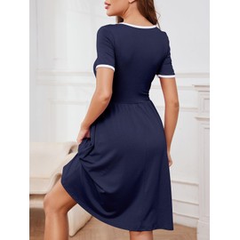 YATHON Womens Summer Dresses Knee Length Short Sleeve Scoop Neck Fit and Flare Loose Fitting Dress Womens Dresses for Wedding (YT322-Navy,L)