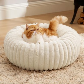 Bedsure ComfyFleece™ Cat beds for Indoor Cats - Donut Dog Beds for Small Dogs with Corduroy Fleece & Anti Slip Bottom, Faux Fur Pet Beds with Washable Removable Cover, Cream, 20x20x6 inches