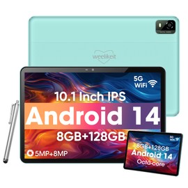 Weelikeit Android 14 Tablet, 10.1 inch Tablets with 1280 * 800 IPS HD Touchscreen, Octa-Core Processor, 8GB RAM+128GB ROM (Expand to 1TB), BT 5.0, Dual 5MP+8MP Camera, 2024 Upgraded Version (Cyan)