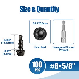 ANCHOREASE #8×5/8″ Sheet Metal Screws 100Pcs, 410 Stainless Steel Black Self Drilling Screws, Hex Washer Head Fast Self Tapping Screws