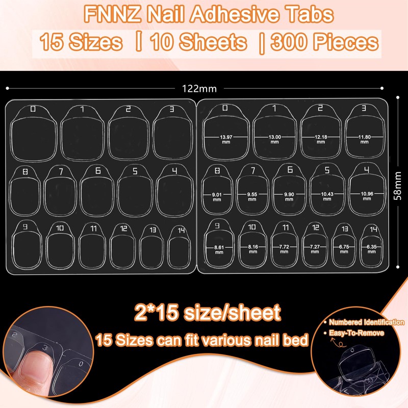 FNNZ 15 Sizes Nail Adhesive Tabs, 300Pcs 0.3MM Pro Max