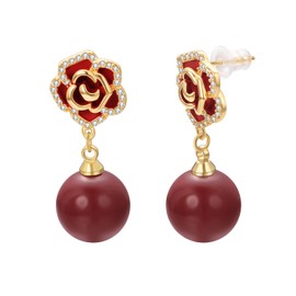 Vissen Earrings Red Flower Dangle Women's Earrings Red Pearls Gold-Plated Zirconia Fashion Jewellery Earrings, Cubic Zirconia