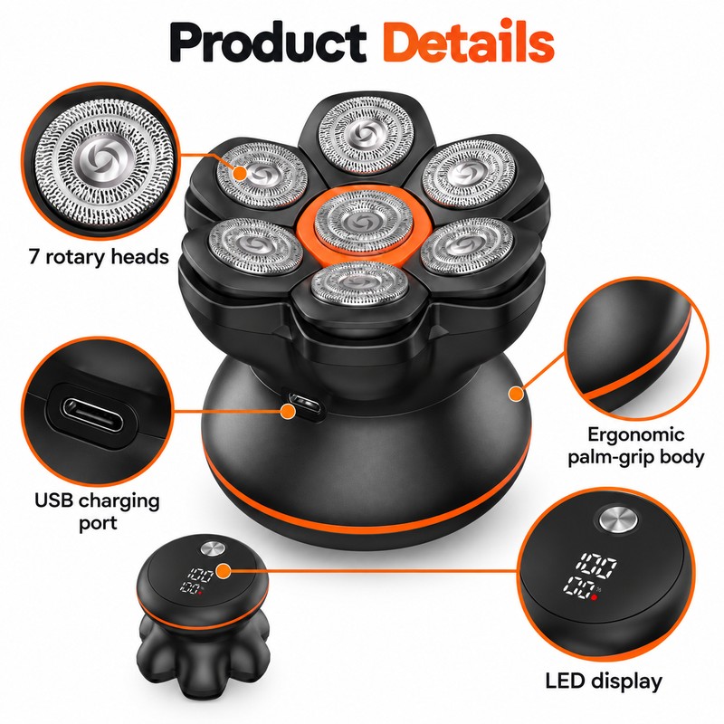 7D Electric Head Shaver for Bald Men – Waterproof Floating