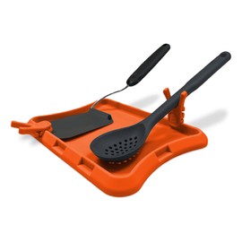 Blue Bosti Nottadrip Silicone Spoon Rest for Stove Top - Kitchen Spoon Rest for Countertop, Ladle Holder, All in 1 Serving Station, Elevate Handle, Drip to Tray, Mess Free - 3PC Set No Trivet - Orange