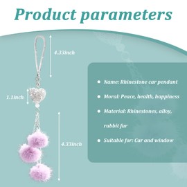 Ziciner Bling Diamond Heart Car Interior Accessories, Car Mirror Hanging Ornament for Women, Love Heart & Pink Plush Ball Decor Ornament Pendant (Light Purple)