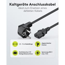 Goobay 51320 IEC Cable 5 m / C13 IEC Socket & 90 Degree Protective Contact Plug Angle Plug / Universal PC Monitor PC Power Cable C13 Power Cable / Black / 5 m