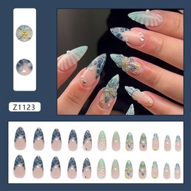 24Pcs Blue French Tip Press on Nails Medium Fake Nails with 3D Flower Gold Pearl Starfish Designs Almond Nails Tip Stick on Nails Reusable Handmade Acrylic Nails Beach Daily Wear Floral Nail for Women