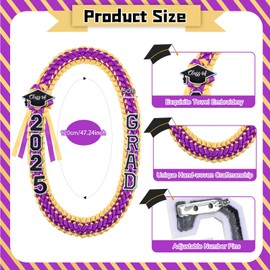 Hotop 1 Pcs Graduation Leis Class of 2025 Grad Ribbon Double Braided Necklace Handmade Money Leis for Congrats Graduates Senior (Purple,Gold)