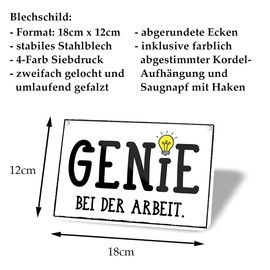 Genie bei der Arbeit Tin Sign - Sign with Cord and Suction Cup - Funny Metal Sign with Funny Saying for Workplace Desk Office Children's Room - Door Sign Sign - 18 x 12 cm