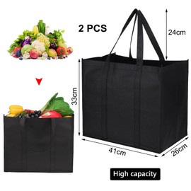 JOOTUEPO 2 Pack Black Reusable Grocery Bags Shopping Bag Tote Bag with Handles, Foldable Washable Stands Upright Reinforced Bag Hold Extra Large & Durable Shopper Bags for Daily Life, Picnic, Camping