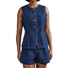 SOMTHRON Women's Denim 2 Piece Outfits Sleeveless Button Down Blazer Vest Tops High Waisted Jean Mini Shorts Set ZQ-XL