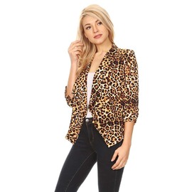 Women 3/4 Sleeve Open Front Cardigan Jacket Work Office Blazer with Plus Size Animal Brown 2 S