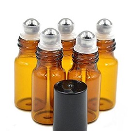 20PCS 5ml Empty Glass Metal Roller Ball Bottles Roll On Bottle Vial Case Jar Pot Container Holder With Black Caps For Essential Oil Perfumes and Lip Balms(Brown)