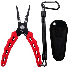 Fishing Pliers, Stainless Steel Fishing Tools, Saltwater Resistant Fishing Gear, Tungsten Carbide Cutters, Split Ring Pliers, Hook Remover with Coiled Lanyard and Sheath (Red B - 6" Split Ring Nose)