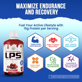 LPS Liquid Collagen & Whey Protein Supplement - Sugar-Free, Dye-Free, Non-GMO Drink - Hydrolyzed Collagen & Whey Peptides Promotes Healthy Skin & Hair for Men & Women, Cherry, 32 fl oz