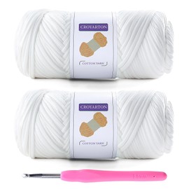2 Pack T Shirt Yarn for Crocheting with 1 Crochet Hook, Elastic Tshirt Yarn for Crochet Bag/Baskets/Home Decor, Spaghetti Yarn Thick Knitting Yarn Total Length 130 Yds, Weight 14 Oz (White)