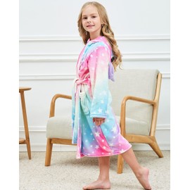 CHETOSHO Soft Unicorn Hooded Robe with Matching Slippers Headband and Blindfold for Girls - Pink/Blue Stars 5-6 Years