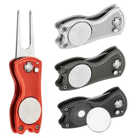 PATIKIL Golf Divot Repair Tool, 4 Pack Foldable Metal Golf Green Divot Tool with Magnetic Ball Marker & Stainless Steel Fork for Golfer, Red/Silver/Grey/Black