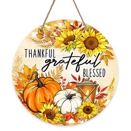 Deroro Thanksgiving Pumpkin Sunflower Front Door Sign, Thankful Grateful Blessed Fall Wood Door Hanger Outdoor Outside Porch Decor, Autumn Buffalo Plaid Wooden Wreath Indoor Wall Hanging Decoration