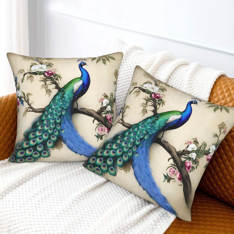 Retro Peacock Throw Pillow Cover 20x20 Inch Decorative Pillow Cases