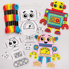 Baker Ross FE410 Robot Cross Stitch Craft Kit - Pack of 6, Crafts for Children, Sewing and Cross Stitch for Children