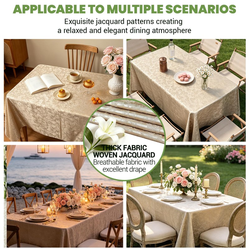 Woven Floral Jacquard Tablecloth 60 x 84 Inches Warm Taupe