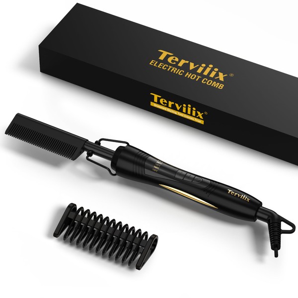 Hot Comb Electric by Terviiix, Hot Comb for Wigs, Afro Hair & Beard, Anti-Scald Straightening Comb with Keratin & Argan Oil Infused Teeth, Temperatures Adjustable, 60 Min Auto Shut Off