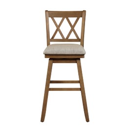 Home 2 Office Brookline 2.0 Swivel Bar Stool Chair, 360° Swivel, Rustic Farmhouse Design, 29" Seat, Distressed Oak Wood Finish, Beige Linen Cushion, Counter-Height Stool for Kitchen or Bar