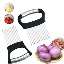 2 Pcs Onion Holder Slicer, Meat Tenderizer Needle,Stainless Steel Onion Holder All-in-One Onion Holder Food Slice Assistant Kitchen Gadget for Meat Potato Carrot Onions Tomatoes Vegetable