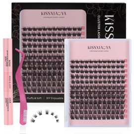 Cluster Eyelash Extensions Kit, 144Pcs D Curl Mix 9-15mm Invisible Bottom Wide Stem Lashes with Lash Bond & Seal & Applicator, Soft Natural False Eyelashes, DIY Individual Lashes at Home(W-7 Kit)
