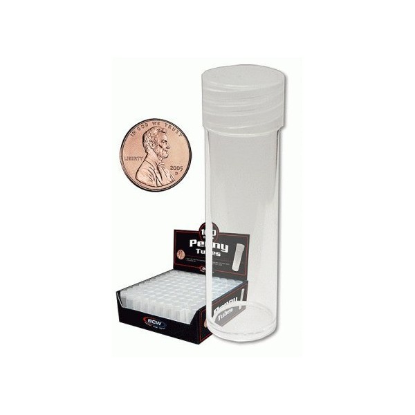 COIN STORAGE TUBES, clear plastic w/screw on tops for Pennies (Qty = 5 tubes)