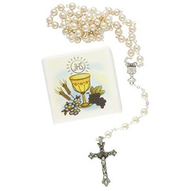 MaMeMi Communion ROSARY 18.5 Inch with IHS CHALICE Design STORAGE BOX – Catholic PRAYER Beads for FIRST COMMUNION, Baptism, or Religious Keepsake
