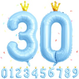 40 inch Blue 30 Number Balloons - 30 Foil Crown Balloons Giant Party Balloons 30th Birthday Wedding Bachelorette Graduation Anniversary Celebration Decoration Supplies