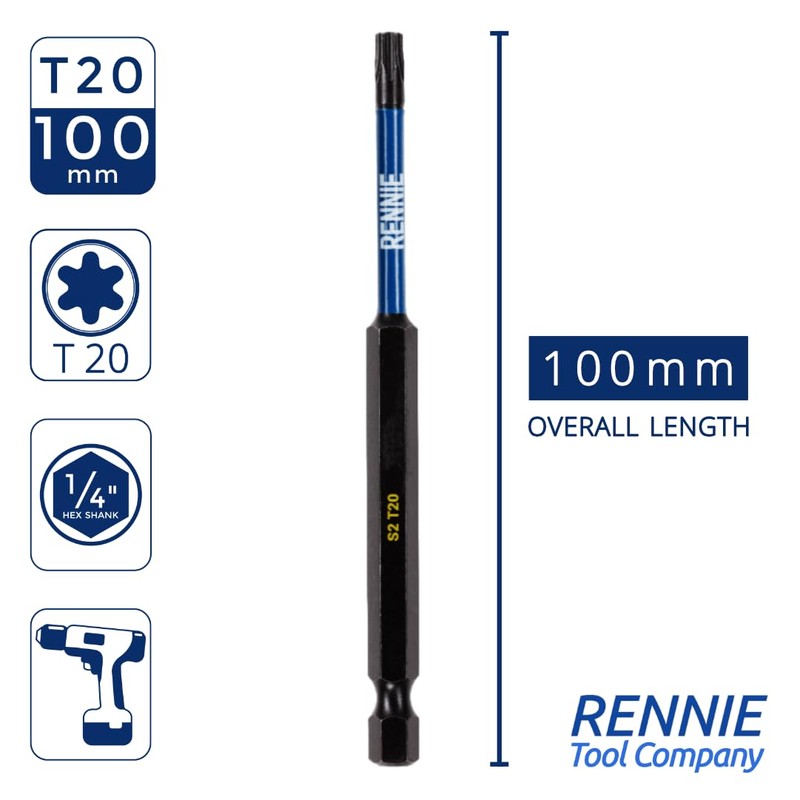 5 x Rennie Tools 100mm Long T20 TX20 Impact Screwdriver