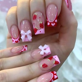 Press on Nails Medium Square With Bow Strawberry Designs Pink French Tip Red Acrylic Nude False Heart Stick on for Women 24Pcs