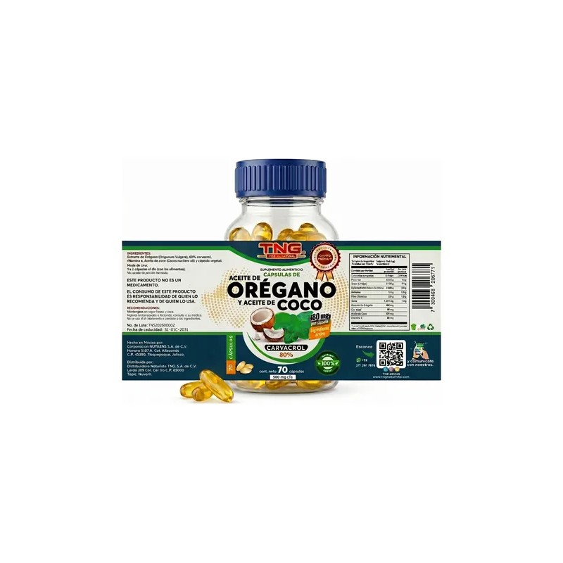 Aceite Orégano Y Coco 500mg 70 Cápsulas - Tng Naturista
